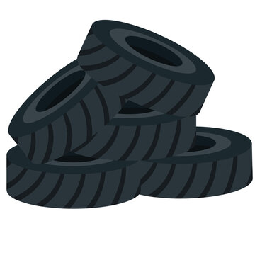 Black Wheel. Bunch Of Old Tires. The Problem Of Urban Garbage. Car Element And Tire Service. Flat Cartoon Isolated On White