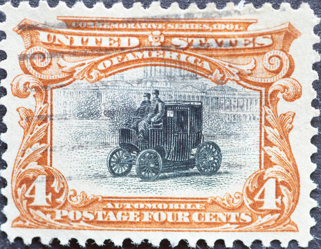 USA - Circa 1901 : a postage stamp printed in the US showing a historic electric automobile vehicle. Pan-American exposure
