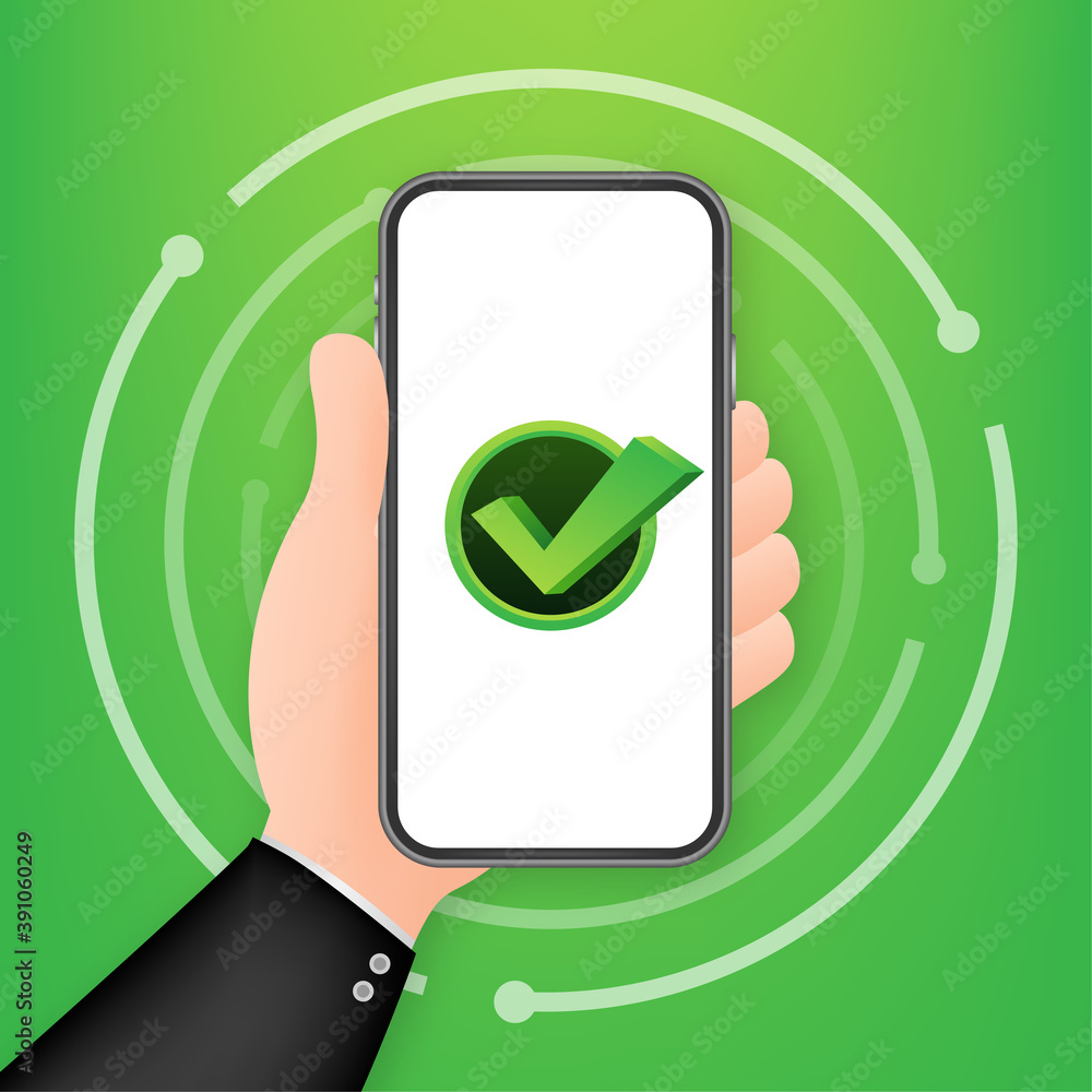 Poster smartphone with checkmark or tick notification in bubble. approved choice. accept or approve checkma