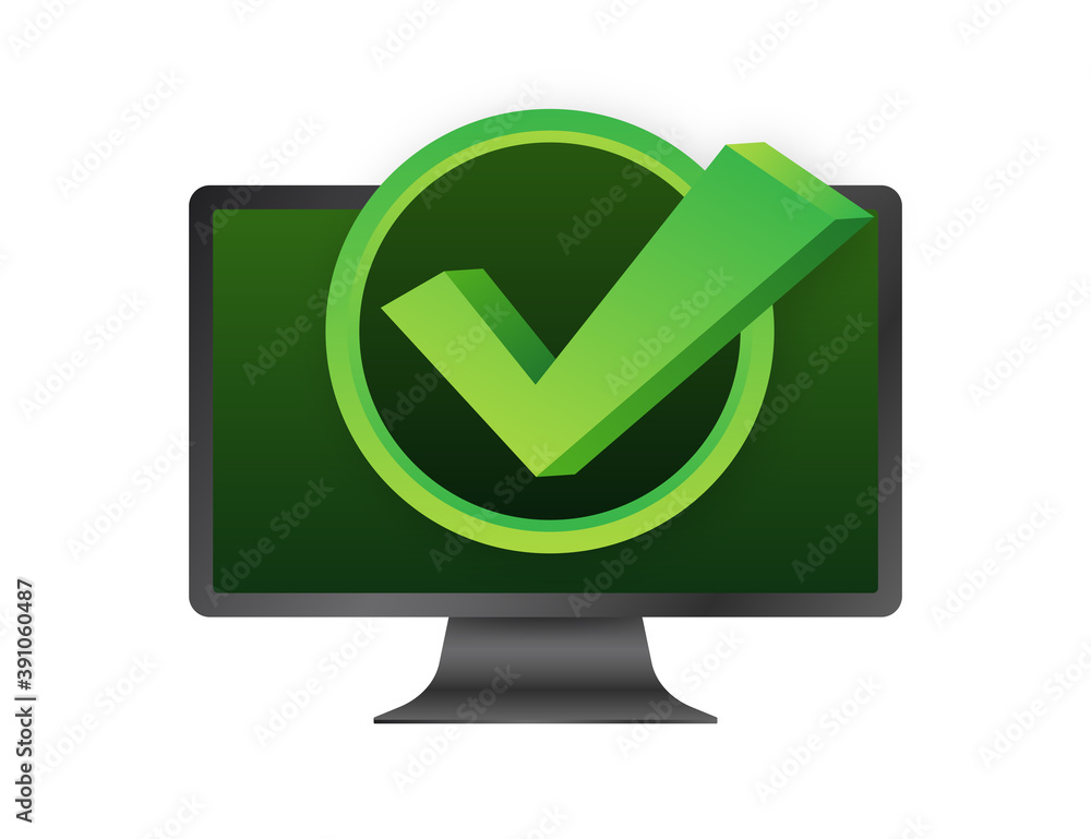 Poster computer with checkmark or tick notification in bubble. approved choice. accept or approve checkmark