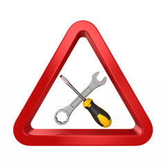 screwdriver and turnscrew into red triangle on white background. Isolated 3D illustration