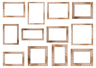 Collection of brown wood frame or photo frame isolated on white background. Object with clipping...