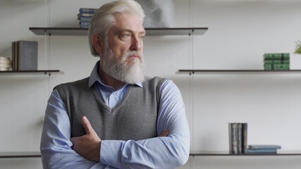 Close up portrait of elegant rich confident smart with modern hairdress haircut white beard creative virile dreamy luxurious pensive freelancer 