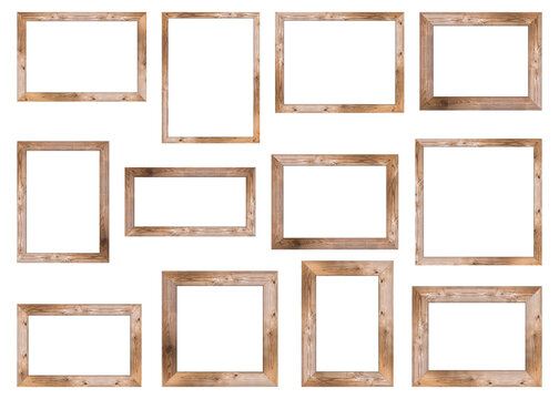 Collection of brown wood frame or photo frame isolated on white background. Object with clipping path