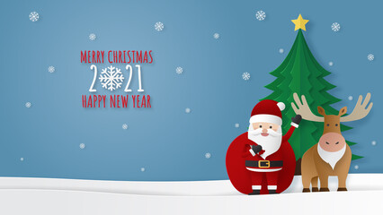 Christmas greeting card. Santa claus, moose and christmas tree in night time with snowfall. Vector illustration
