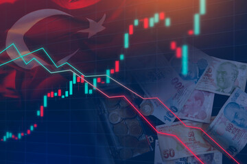 Turkish Lira Exchange currency rate fall. Graph Falling Down, crisis concept. Turkey flag, currency, stock market, exchange economy