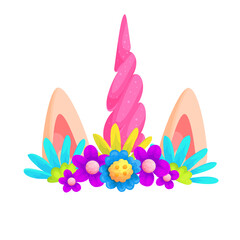 Unicorn headband with field flowers wreath cartoon illustration. Magic horse ears, spiral horn with wildflowers stylized crown. Video chat effect with fairytale animal headwear, kids party accessory