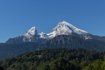 Fototapeta premium Berchtesgaden view at Watzmann mountain with snow caps on a summer day