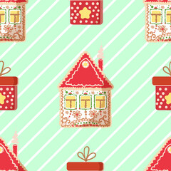 Winter seamless pattern with gingerbread house. White stripes on a light background. Gift red box. Christmas repeating texture for surface designs, wallpapers, fabrics, wrapping paper, and more.