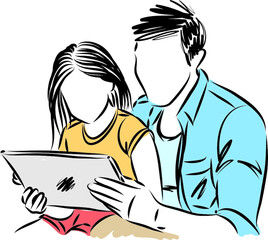 FATHER WITH DAUGHTER LOOKING AT TABLET VECTOR ILLUSTRATION