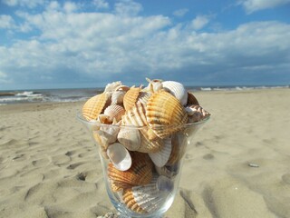 Jesienny słoneczny dzień na plaży, Italia.