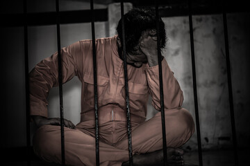 Asian man desperate at the iron prison,prisoner concept,thailand people,Hope to be free,Serious...