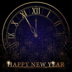 Fototapeta na wymiar Golden Clock Dial with Roman Numbers on Magic Christmas Glitter Background. New Year Countdown and chimes. Five minutes before twelve. Vector