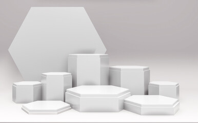 Hexagon White podium show cosmetic product geometric japanese style.3D rendering