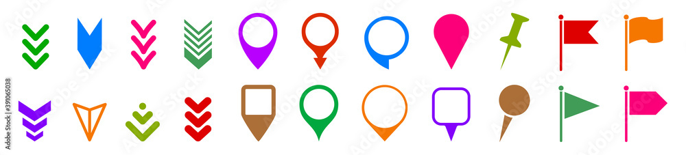 Poster Set pin map marker pointer icon, GPS location flat symbol, arrows and flag signs – stock vector