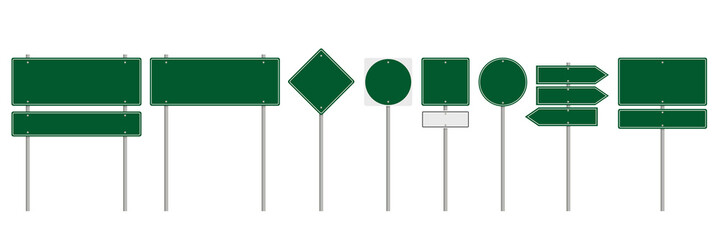 Collection of blank green road sign or Empty traffic signs isolated on white background