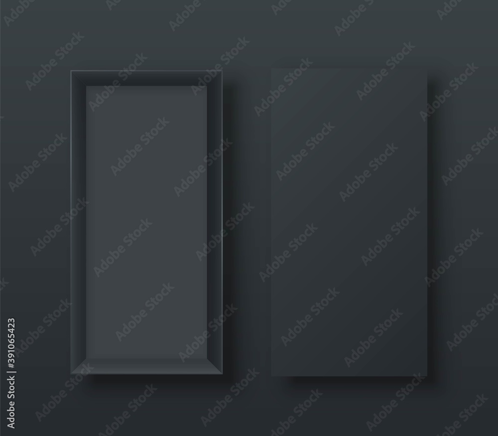 Poster realistic open empty gift box two view. paper rectangular cardboard black container mockup. blank pa