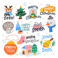 merry christmas with lettering traditional winter elements cute hand drawn scandinavian style