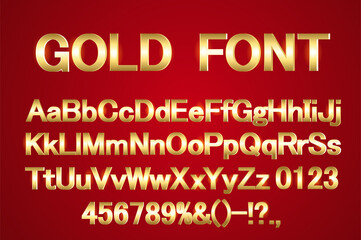 Shiny modern gold font isolated on red background. Vintage golden 3d numbers and letters.