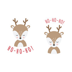 Christmas t-shirt design with reindeer cartoon. Deer cute cartoon character with ho ho ho text for t shirt or Christmas card.
