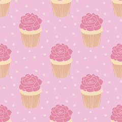 Seamless pattern of cupcakes with roses on top on a cute polka dot pink background.