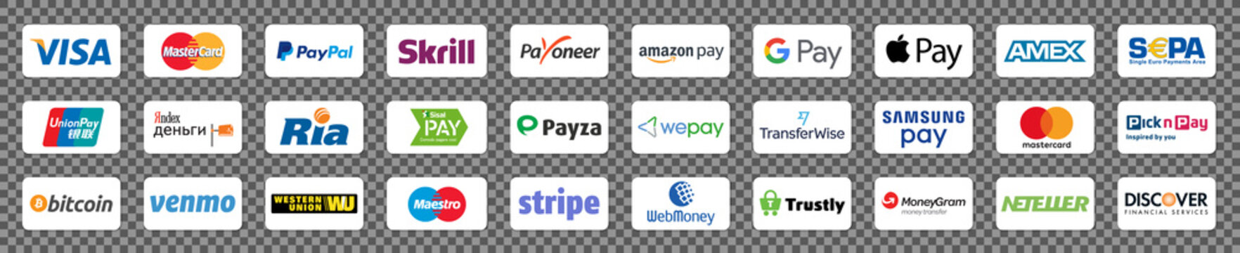 Kiev, Ukraine - November 08, 2020: Online payment methods systems icons set, card company logo: Visa, Mastercard, Paypal, Bitcoin, Amazon Pay, Apple Pay... E-commerce payments. Editorial vector