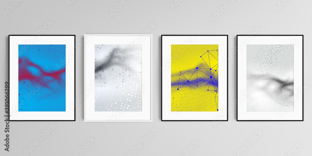 Wall mural realistic vector set of picture frames in a4 format isolated on gray background. colorful wavy parti