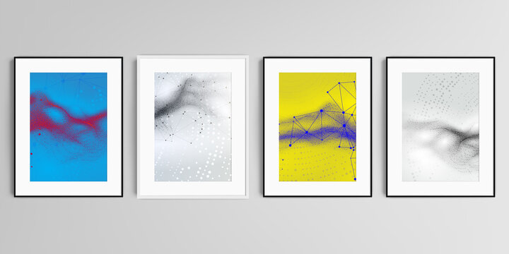 Realistic vector set of picture frames in A4 format isolated on gray background. Colorful wavy particle surface background for technology or science cyber space concept.