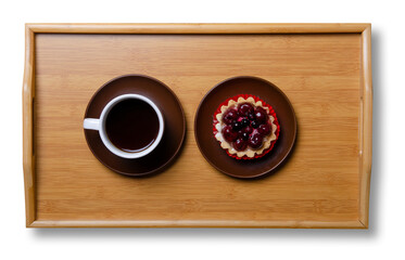 Cup of coffee with cake on wooden tray on white background isolation, top view