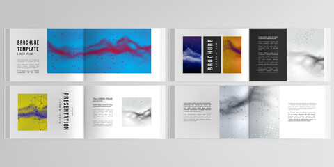 Vector layouts of horizontal presentation templates for landscape design brochure, cover design, flyer, book. Colorful wavy particle surface background for technology or science cyber space concept.