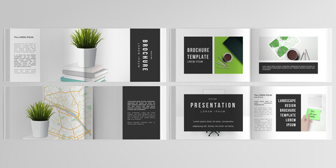Vector layouts of horizontal presentation design templates for landscape design brochure, cover design, flyer, book design, magazine. Home office concept, study or freelance, working from home.