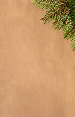 Banner in new year's style. Beige paper background and live Christmas tree element in the right corner. Space for text.