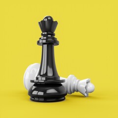 3D Rendering White and Black Queen chess pieces isolated on yellow background