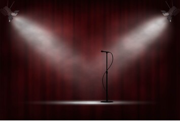 Microphone standing on stage in spotlight, red curtain background. Comedy show opening, celebration event, announcement, performance vector illustration. Ceremony invitation scene - obrazy, fototapety, plakaty