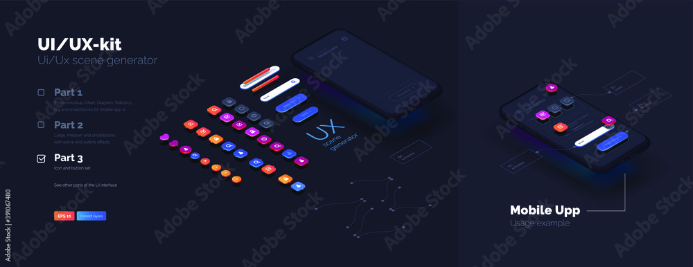 Poster Toolkit-UI/UX scene creator. Part 3 Mobile application design. Smartphone mockup with active blocks and connections. Creation of the user interface. Modern vector illustration isometric style