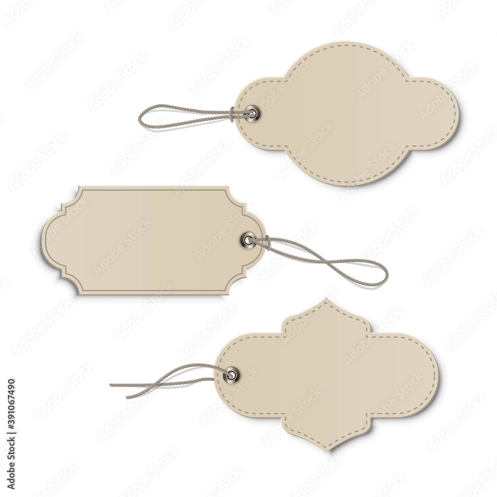 Poster vintage beige price or label tags mockup template set. blank cards with strings for gifts or sales w