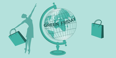 Green Friday. Woman with a shopping bag and a globe - vector. Business concept. Support the movement of a local producer.
