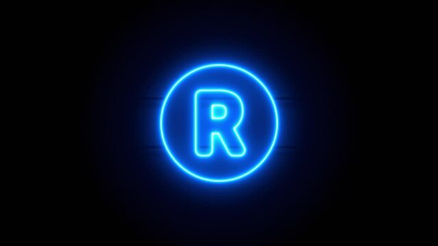 Registered neon sign appear in center and disappear after some time. Animated blue neon icon on black background. Looped animation.