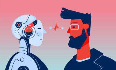 The male human and male robot with artificial intelligence looking at each other. Trendy bright linear illustration