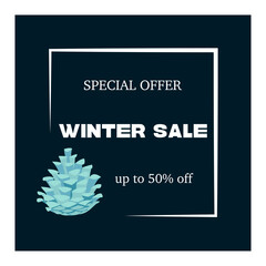 Discount, special offer on a dark background, 50 percent off, with a pine cone