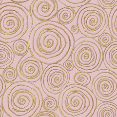 Abstract seamless pattern with 3d golden glittering acrylic paint round spiral circles on pink background