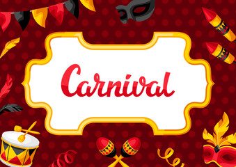 Naklejka premium Carnival party background with celebration icons, objects and decor.