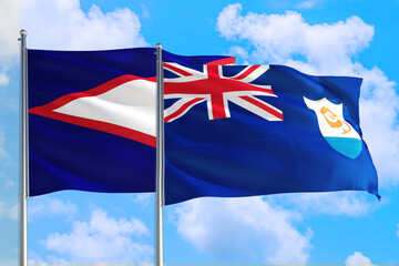 Anguilla and American Samoa national flag waving in the windy deep blue sky. Diplomacy and international relations concept.