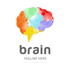 Abstract art watercolor human brain logo with paint colorful background. Creative design template sign mind, symbol people IQ, art therapy, icon brain. Logotype startup, business development  company.