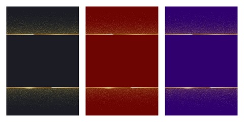 Grey, blue, red rectangular backgrounds set. Elegant colorful wallpapers with thin geometric border and golden sparkle confetti. Luxurious design templates. Vector banner illustration with copyspace.
