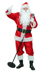 Santa holds retro microphone, sings song, shows index finger. Santa Claus is singing to elvis microphone, showing finger on white background. Christmas coming