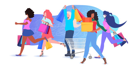 mix race women holding shopping bags black friday big sale promotion discount concept full length horizontal vector illustration