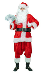 Santa holds fan of dollars money, shows thumb finger up. Santa Claus is holding dollar money notes, showing finger on white background. Christmas coming