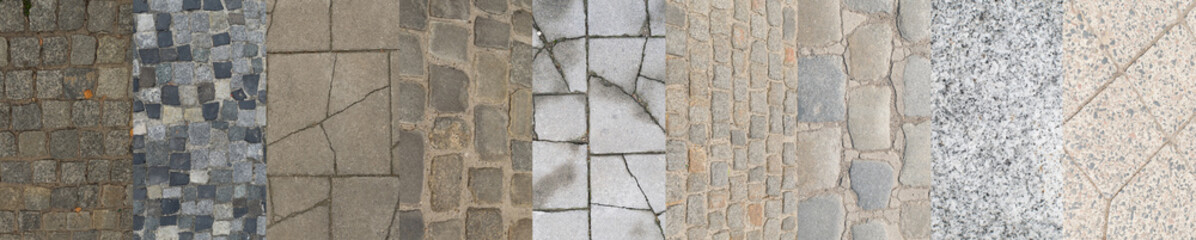 Old Stone Pavement Texture Collage, Various Granite Cobblestone