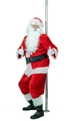 Lustful Santa is pole dancer, shows thumb fingers up. Depraved Santa Claus dances with pole on white background. Christmas coming - obrazy, fototapety, plakaty